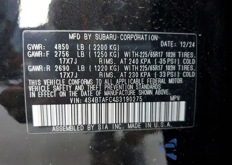 2025 Subaru Outback Premium z USA, uszkodzony, nr VIN 4S4BTAFC4S3190275